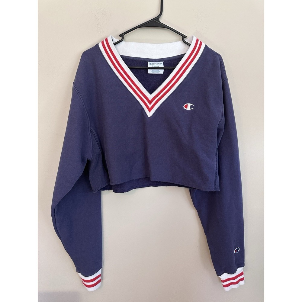 Vintage 80s Champion Cropped Sweatshirt Womens SMALL‎ Cheerleader Spirit V-Neck
